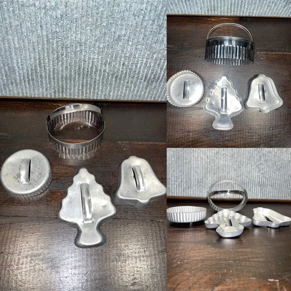 4 Vintage Aluminum Metal Christmas Tree Bell &‎ Serrated Cookie Cutter W/handles