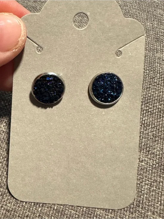 Dark Blue Druzy Stud Earrings New‎