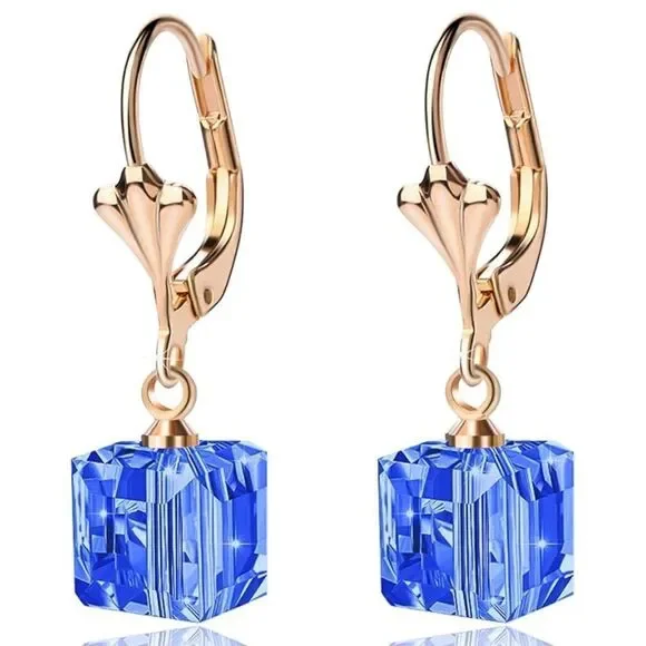 14K Yellow Gold with Blue Sapphire Austrian Crystal Cube Leverback Drop Earrings
