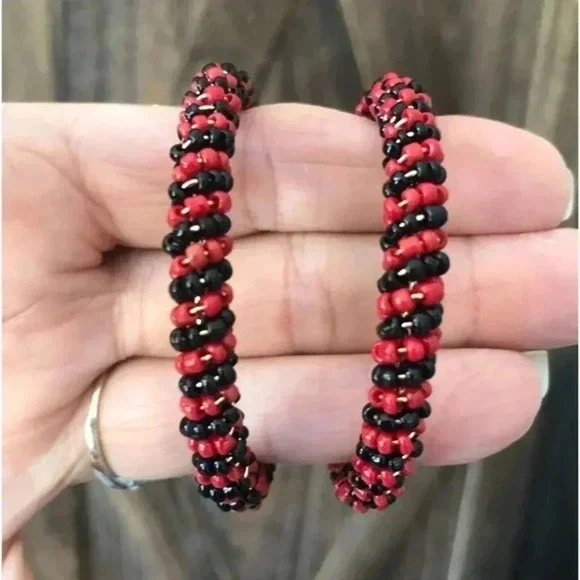 Red & Black Huge Seed Bead Stainless Steel Hoop Earrings NWT