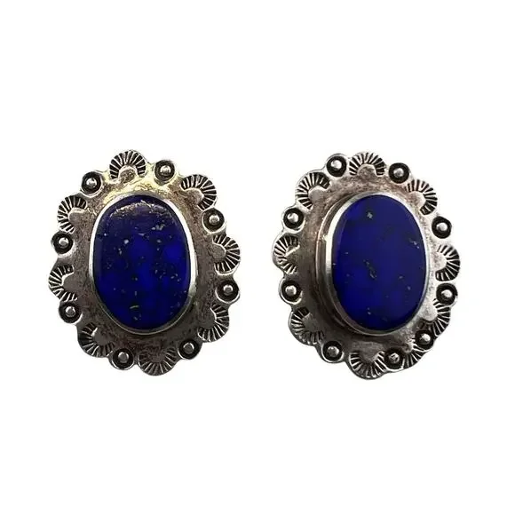 SAUL TM-142 Sterling Silver Pierced Earrings Mexico Vintage Lapis (posts not ss)
