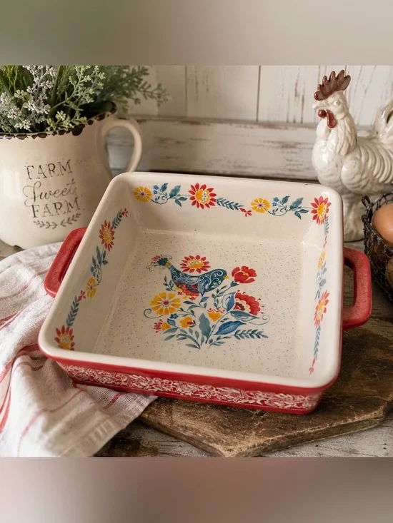 The Pioneer Woman Floral Rooster Square Stoneware Baking Dish Red Handles