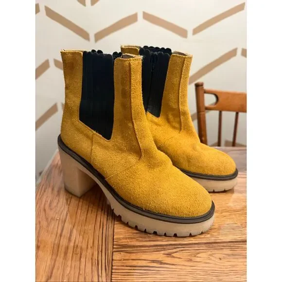 Free People Mustard Yellow Suede Zip Chunky‎ Heeled James Chelsea Boots Size 38