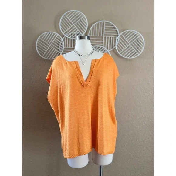 Free People Free-est Marina Del Sol Orange Knit Notched V-Neck Top Large L