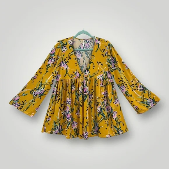 Free People Tunic Top Womens S Oversized Floral Boho Long Sleeve Flowy Rayon‎