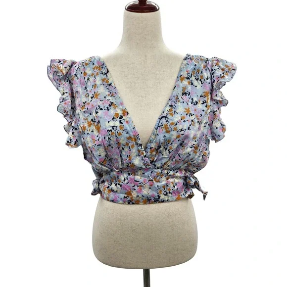 Free People Sky Combo Floral Ruffle V-Neck Smocked Crop Top OB1295567‎ Large NEW