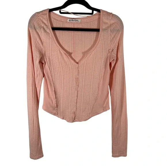 Free People We The Free Pink Pointelle‎ V-Neck Long Sleeve Top OB1817655 Medium