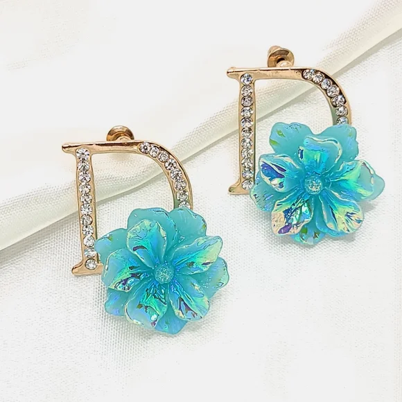 Iridescent Icy Blue Initial D Stud Earrings Aqua flower Earrings Diamond Studded