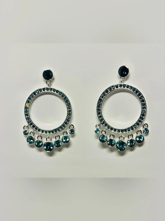 Silver Hoop Drop Earrings with Teal Blue Crystal Accents