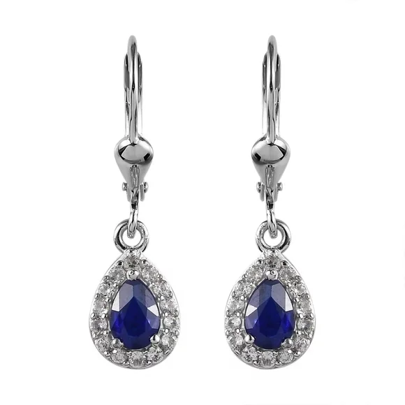 Natural Blue Spinel & White Zircon Halo Dangle Earrings In 925 Sterling Silver