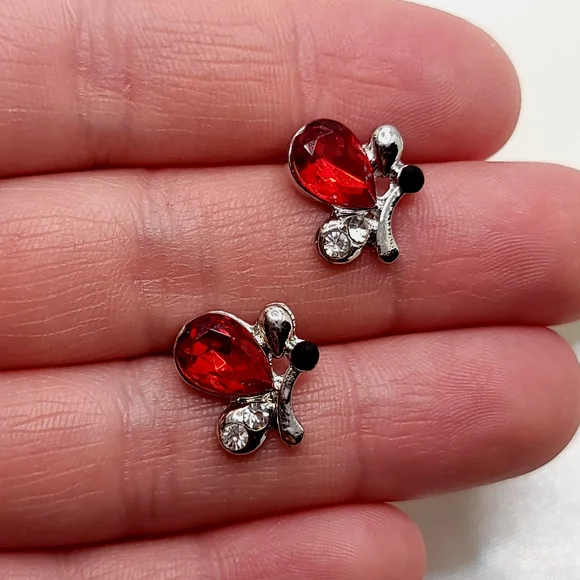 Butterfly Earrings Stud Silver and Red Gemstone Rhinestone post earrings