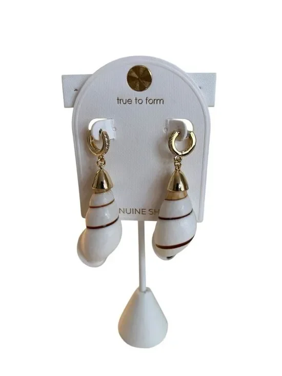 True to Form Small Pave Huggie Hoop Conch Shell Drop Earrings.