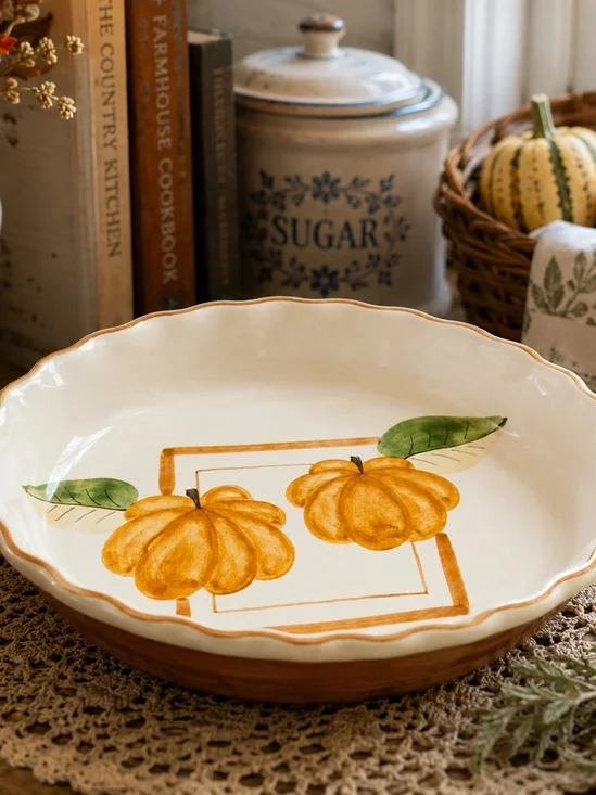Hand-Painted Pumpkin Ceramic Serving Bowl — Cream and Orange