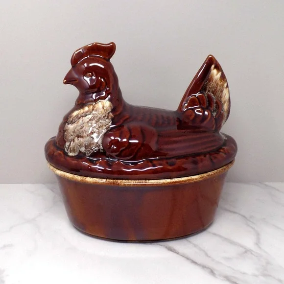 Vintage Hall Ceramic Hen on Nest Covered Dish, House 'n Garden Mirror Brown