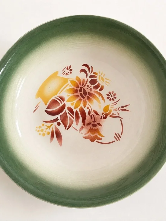 Vintage Floral Ceramic Serving Bowl in Green with Orange & Yellow Motif