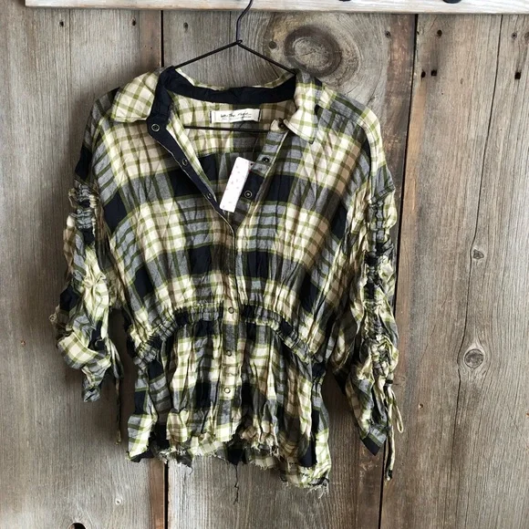 Free People Black Plaid Ruched Sleeve Pacific Dawn Button Down Shirt Small