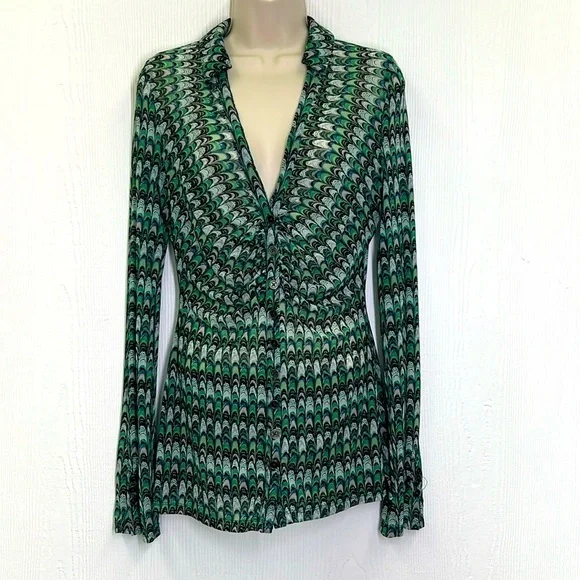 Free People - Green Fish Scale Button Down Ling Sleeve Sheer Blouse Size Small
