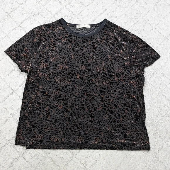 Free People Shirt Women's XS Black Cheetah Combo Teddy Velvet Boxy Top