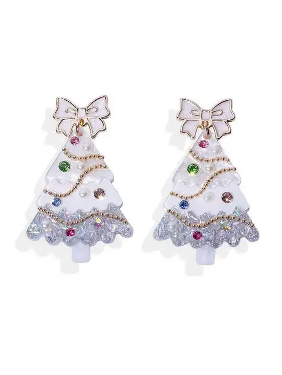 White Glitter Christmas Tree Drop Earrings with Bow Posts
