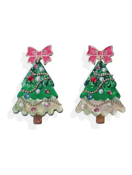 Glitter Christmas Tree Drop Earrings with Pink Bow Posts