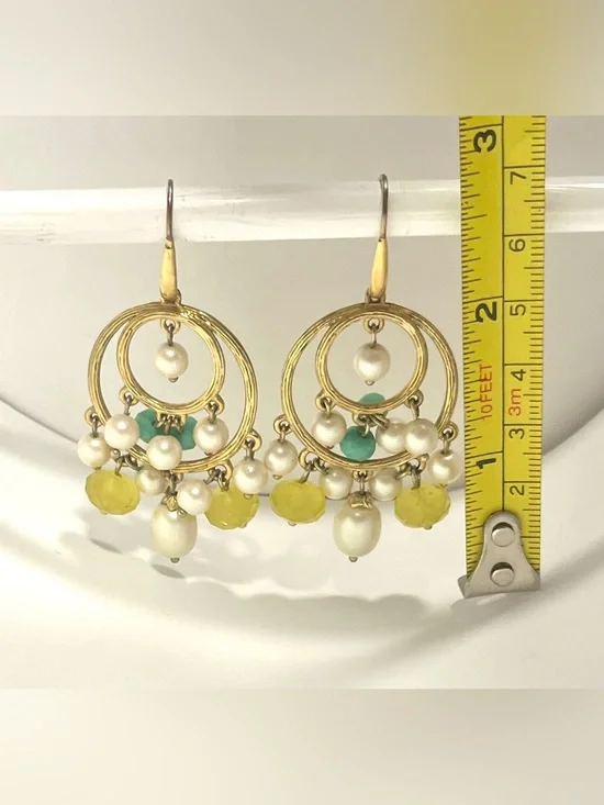 Vintage Double Gold Hoop Chandelier Earrings with Faux Pearls and Green Beads