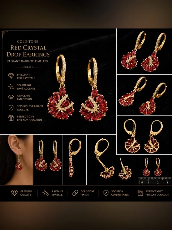 Laminated Gold Red Crystal Fan Drop Earrings | Elegant Statement Jewelry