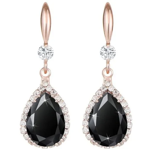 14K Rose Gold with Black Onyx Cubic Zirconia Teardrop Hook Dangling Earrings