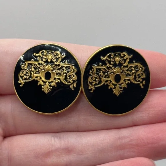 Vintage Museum of Fine Arts MFA Clip On Earrings Black Enamel Gold Tone