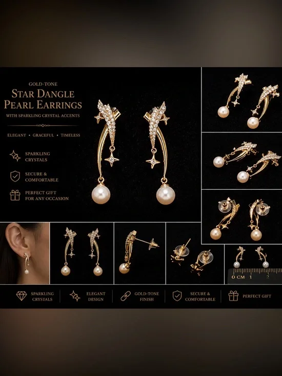 Laminated Gold Star & Pearl Dangle Earrings | Crystal Celestial Design