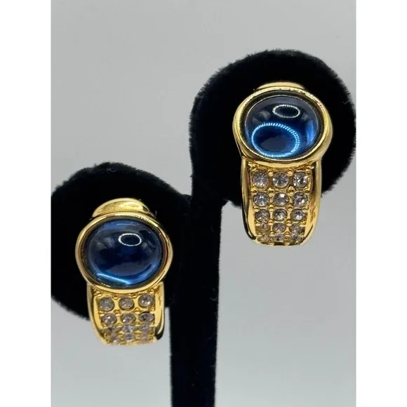 Vintage Joan Rivers Earrings Blue Cabochon Rhinestone Gold Tone Clip On