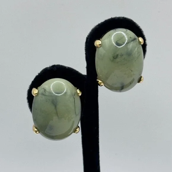 Joan Rivers Earrings Green Acrylic Cabochon Gold Tone Clip On