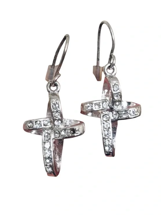 💥 Silver Crystal Ribbon Cross Drop Earrings
