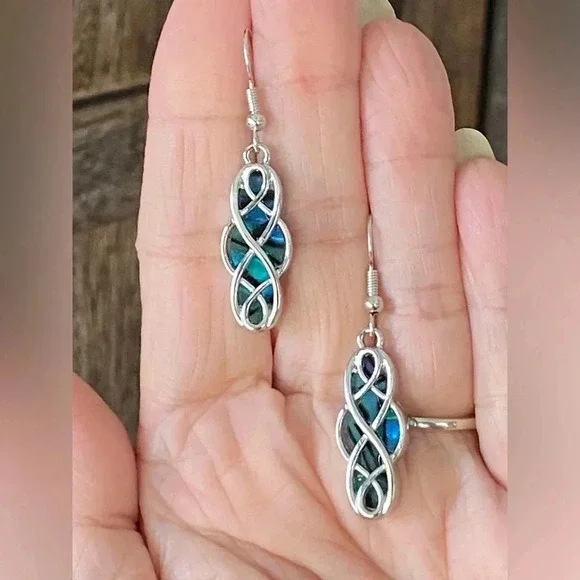 Beautiful Abalone Silver Tone Celtic Knot Drop Earrings G