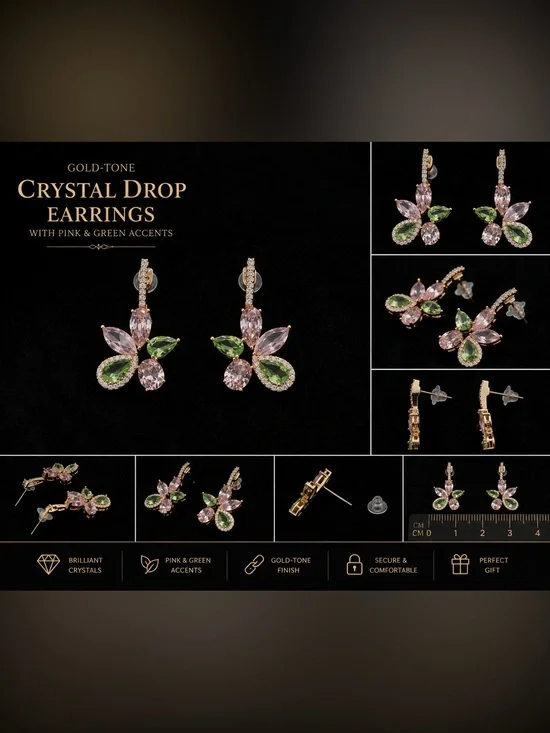 Laminated Gold Crystal Drop Earrings | Pink & Green Sparkle
