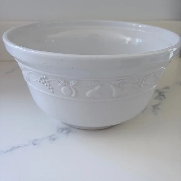 Vintage Portuguese White Ceramic Fruit Embossed Mixing Bowl Farmhouse Stoneware