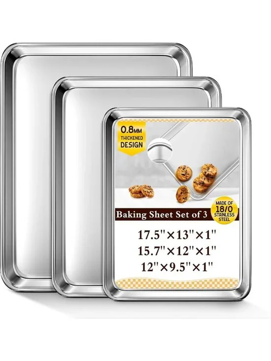 Set of 3 Stainless Steel Baking Sheets - Heavy Duty, Nonstick, Rust Resistant