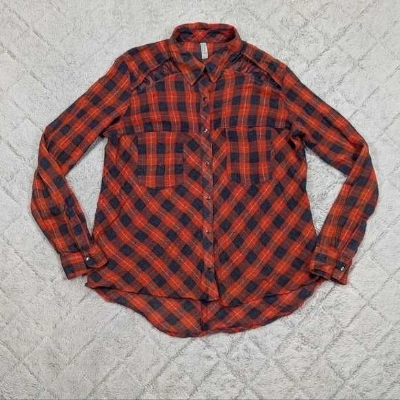 Free People Shirt Womens XS Orange Blue Plaid Lace Accent Snap Up Oversize Boho