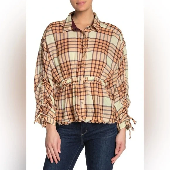 Free People - Pacific Dawn Peach And Cream Plaid Cinched Back Blouse Size Small