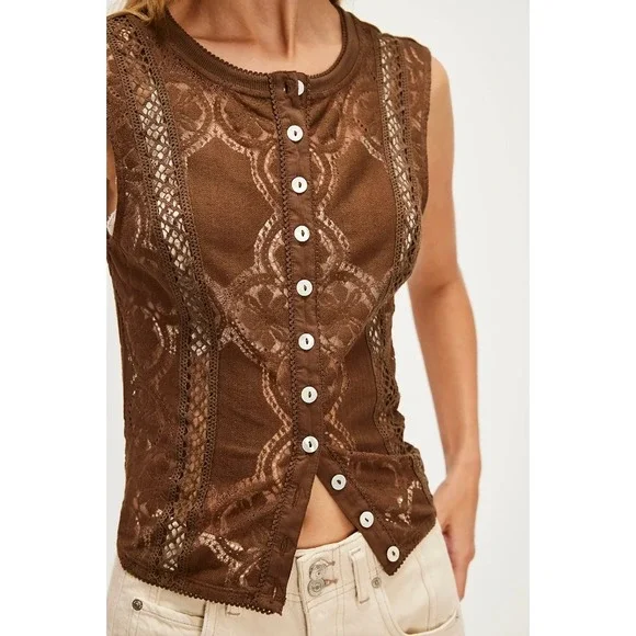 Free People Jae Knit Top Brown Cutwork Lace Detail Button Closure Size S