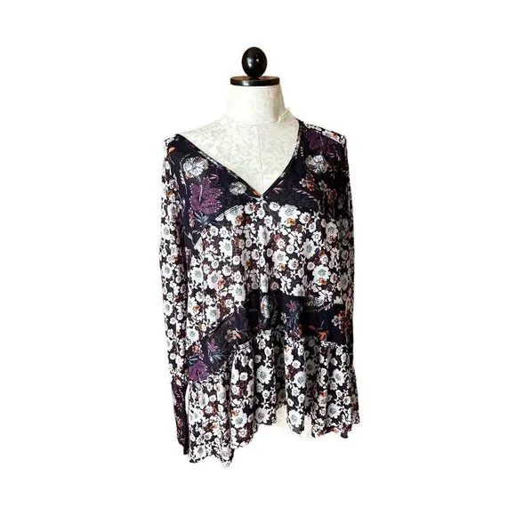 Free People Babydoll Floral Blue/Purple Oversize‎ Stretch Blouse XS  Long Sleeve