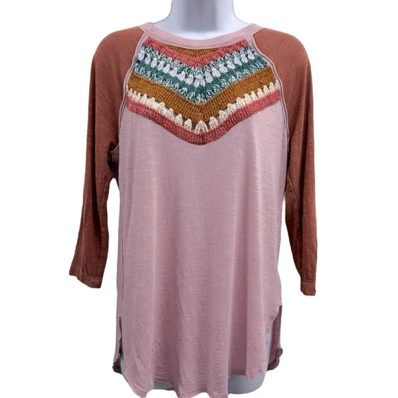 We The‎ Free By Free People Women's Medium Spring Bound Crochet Raglan Yoke Top