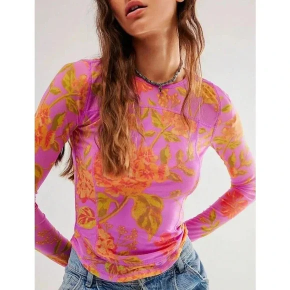 Free People Top Floral Mesh Long Sleeve Pink Orange Sheer Stretch S Fairy Boho