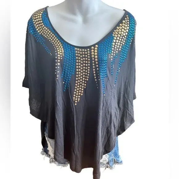 Free People Navy Embellished Blouse L‎