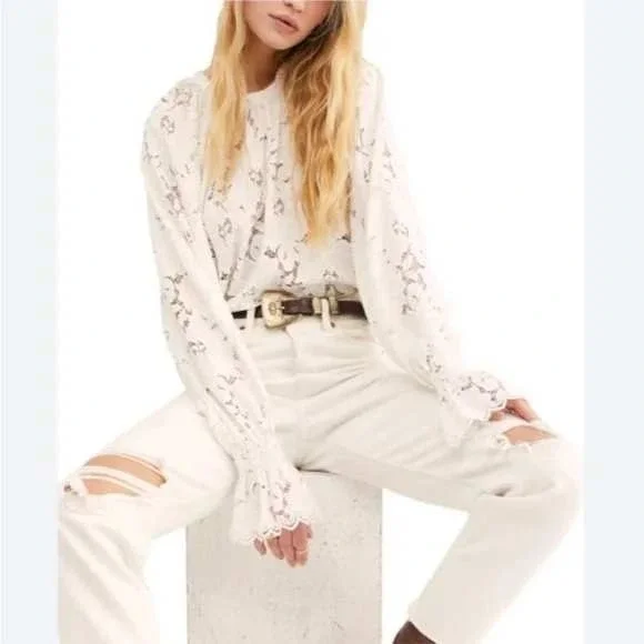 Free People Olivia Lace Blouse Long Sleeve Top Romantic Boho Cream Size S W/Flaw