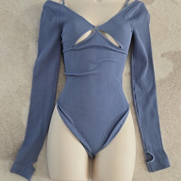 Free People FO Movement Ribbed V-Neck Bodysuit Cut-Out Blue Top XS/S NEW!