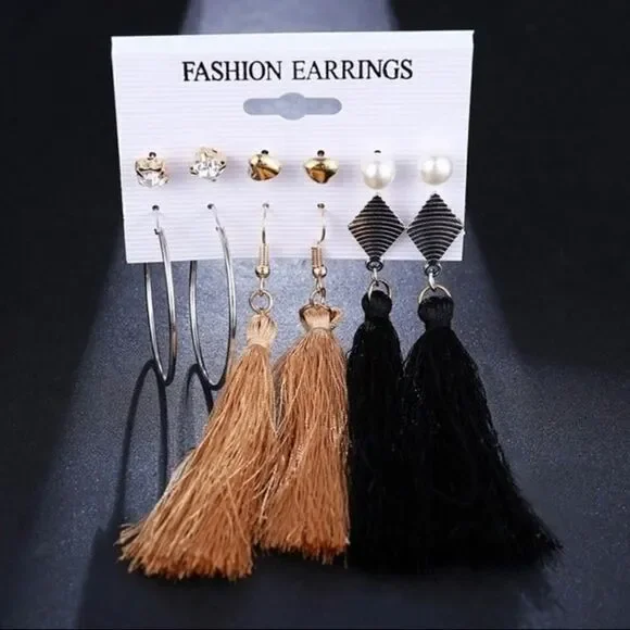 Set of 6 pair earrings, tassel, black, brown, dangle, hoop, cute, striped, pearl