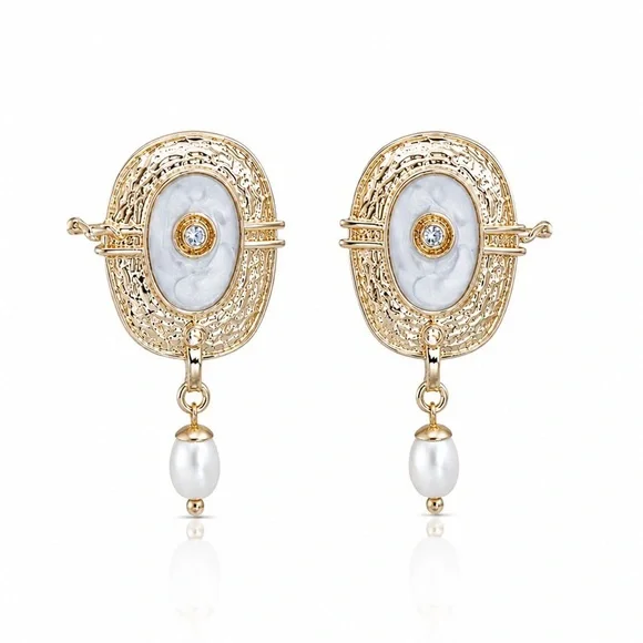 Gold and White Pearl Drop Earrings