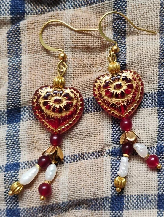 Romantic Red Heart Earrings with Ruby and Pearls
