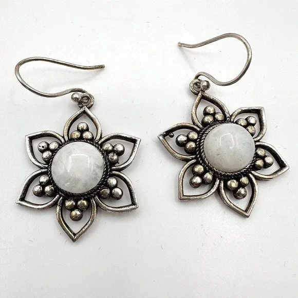 Vintage 90s Silver Tone Moonstone Floral Dangle Earrings Women's Classic Jewelry