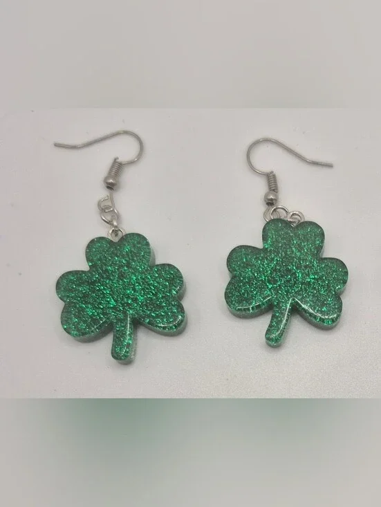 Green Glitter Clover Earrings